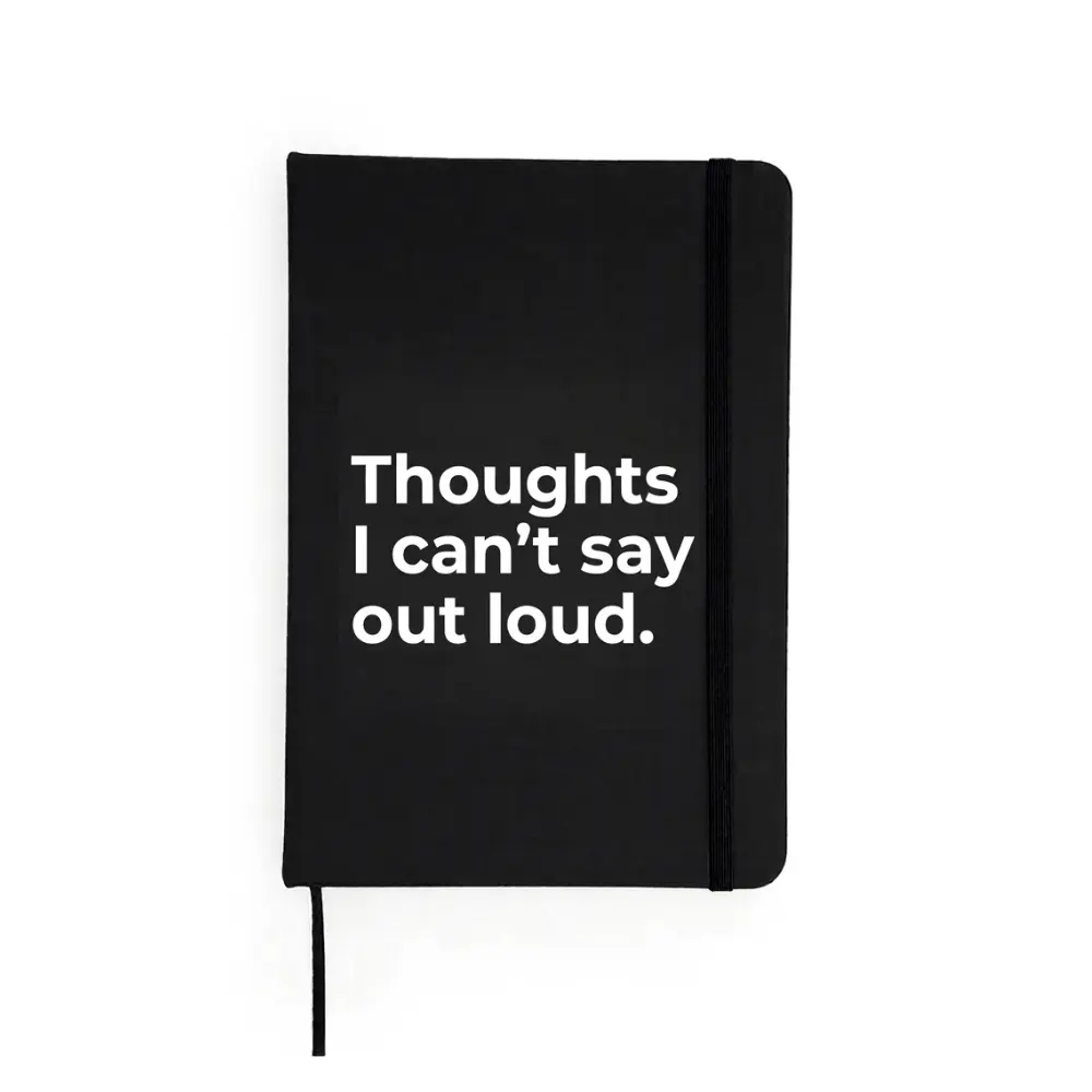Agendă neagră cu mesaj „Thoughts I can’t say out loud.”